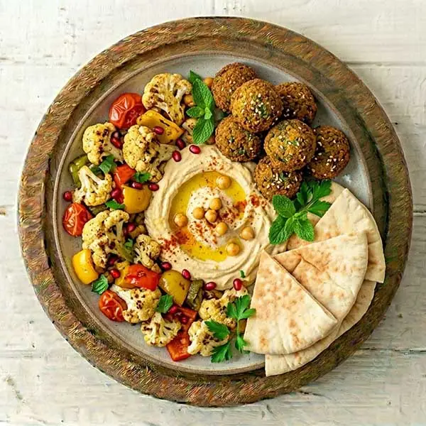 Falafel Platter With Roasted Vegetable, Hummus & Fresh Pita